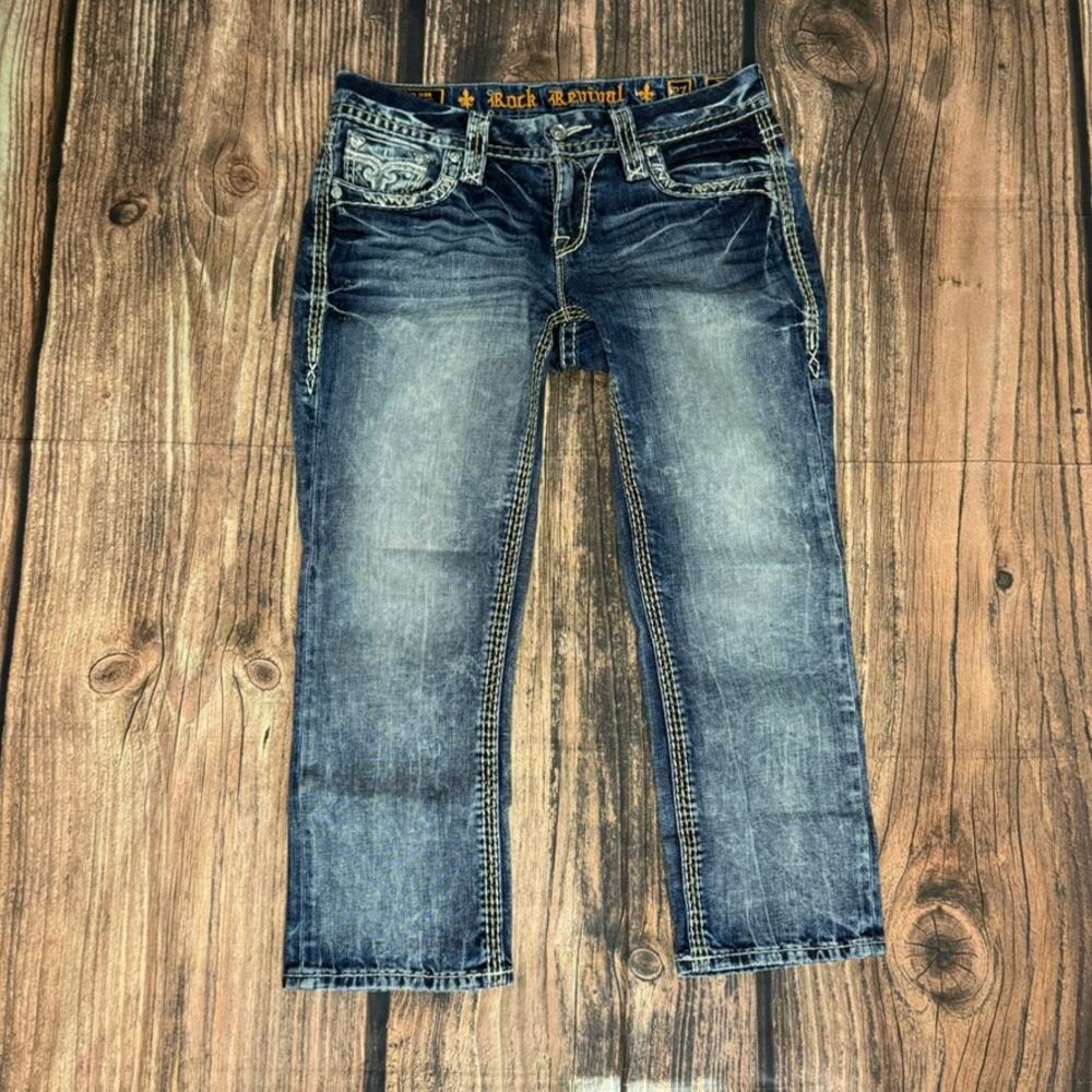 Rock Revival‎ Jillian Women's Capri Jeans Blue Medium Wash Embroidered Size 27